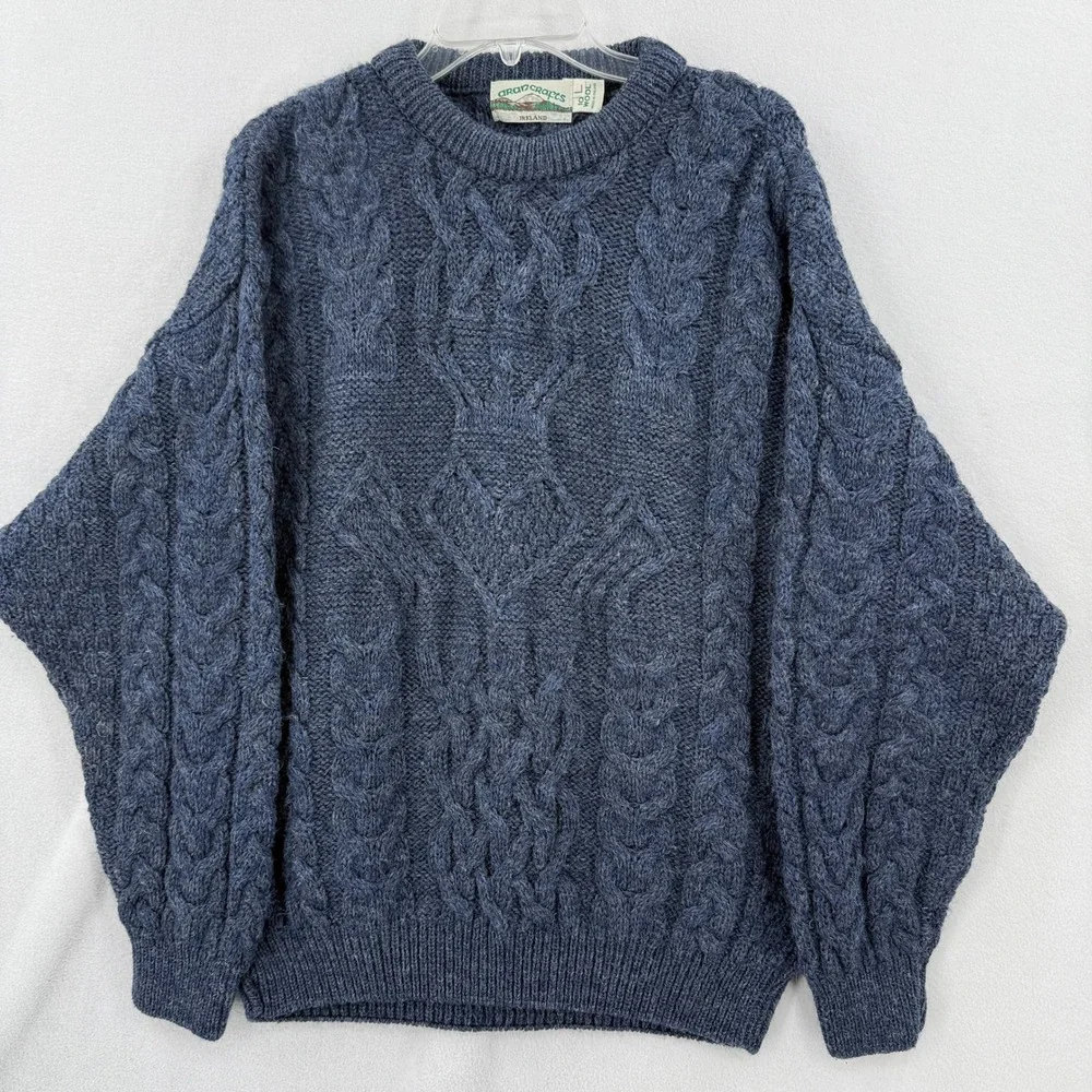 Aran Crafts Sweater Mens Large Blue 100% Wool Cable Knit Ireland Vintage